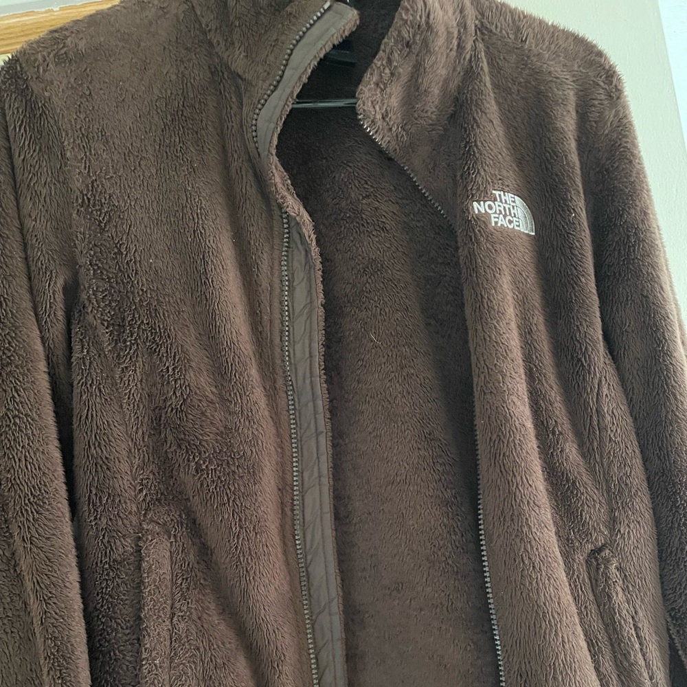 Brown fuzzy North face jacket